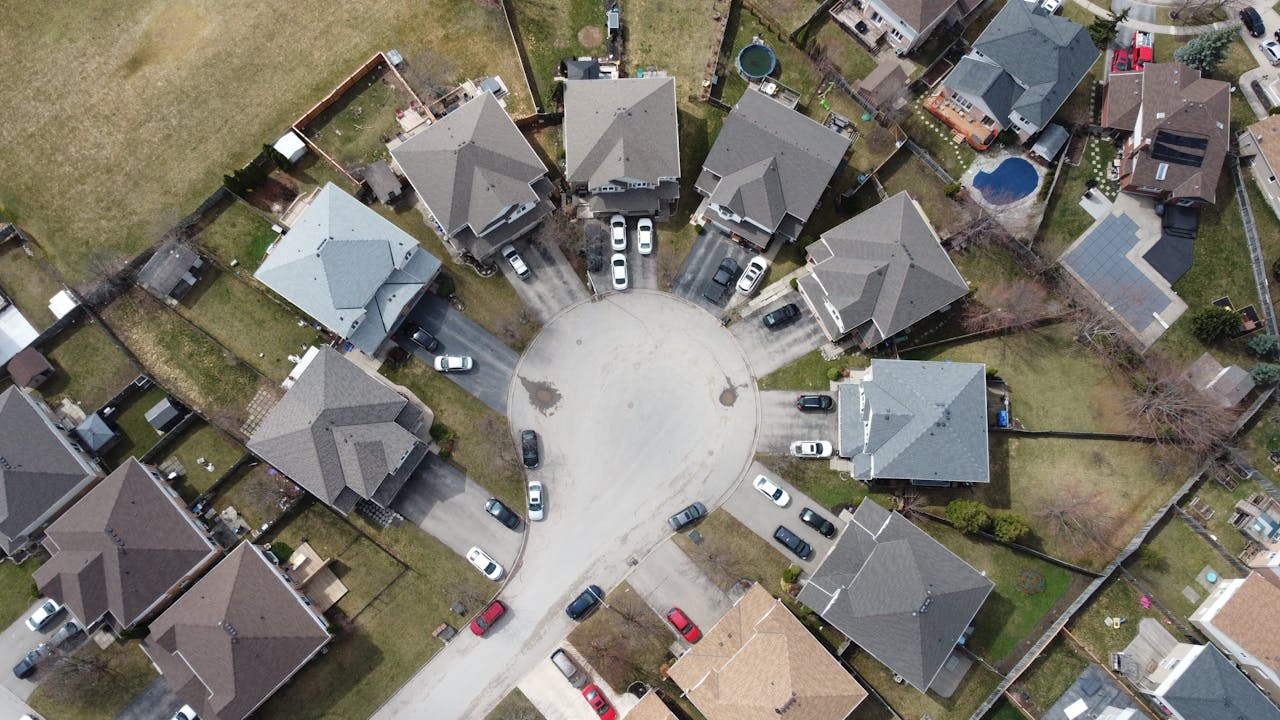 Drone shot of a suburban cul-de-sac in Thorold, Ontario, Canada.